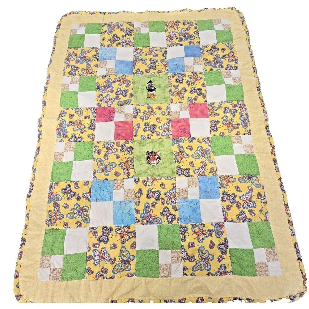 Vintage 70s 80s Handmade Baby Quilt Donald Duck‎ Butterfly Patchwork 33x44